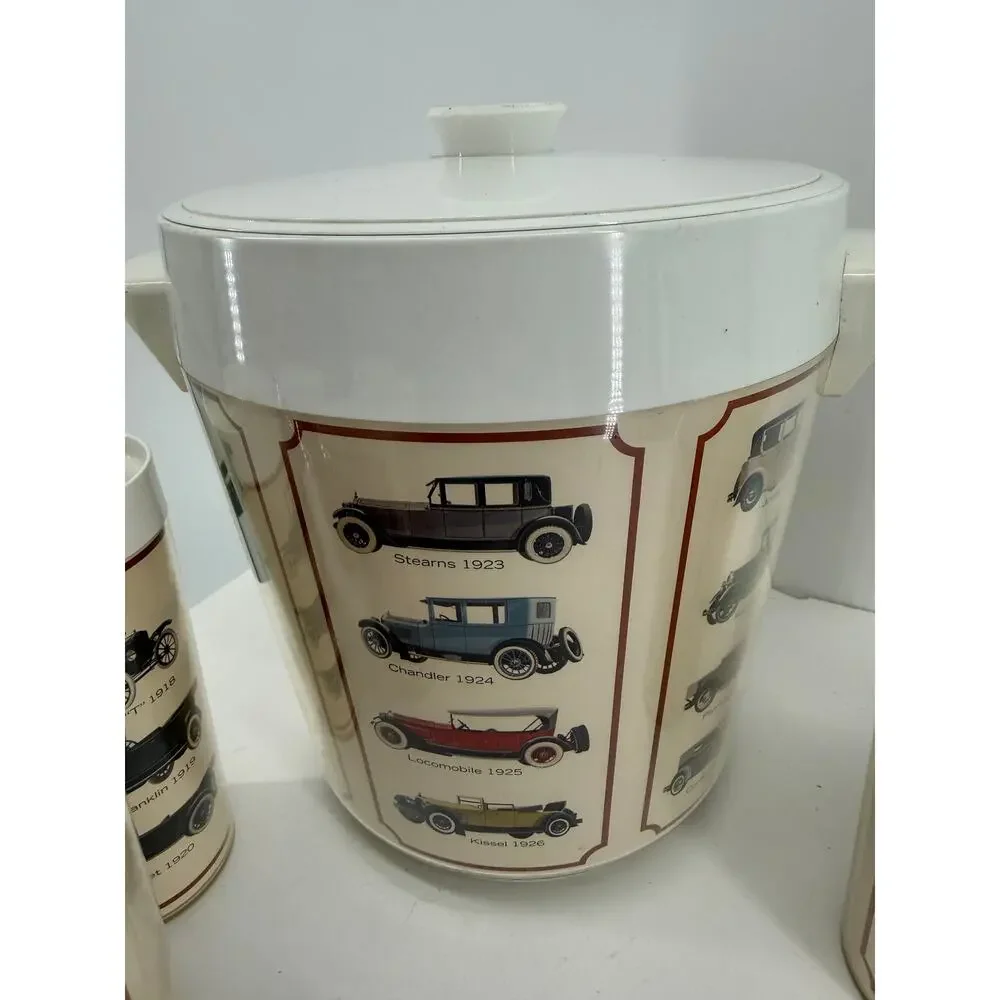 Thermo-Serv West Bend Vintage Automobile Drink Set Ice Bucket 8 Tumblers 6.5
